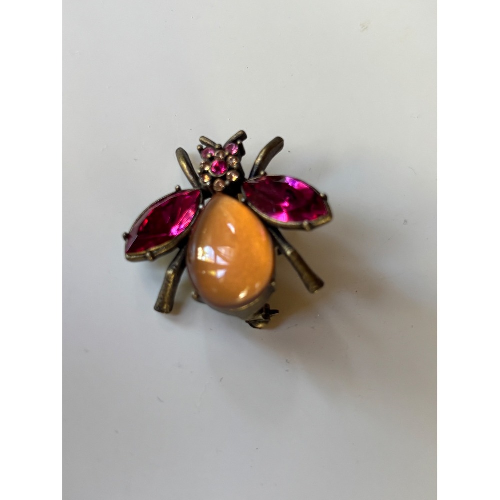 Vintage Style Bumble Bee Brooch Pin Magenta Amber Rhinestone Bronze Tone 1 Inch